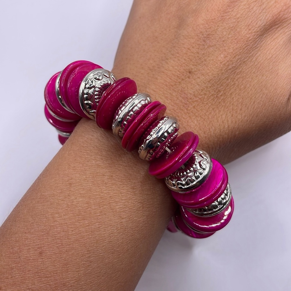 Vintage Silver Pink Tone Beaded Large Cuff Statement Bracelet